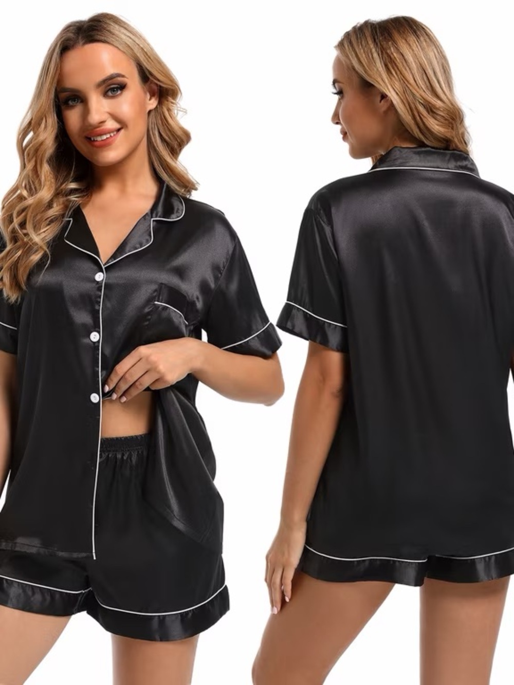 Women's Black Satin Short Pajama Set with White Piping - Intimates